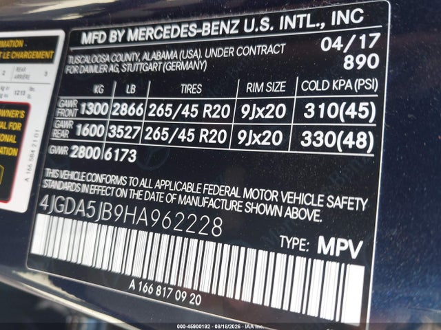 Aukcja sprzedaży 2017 Mercedes-benz Gle 350, vin: 4JGDA5JB9HA962228, numer aukcji: 45900192