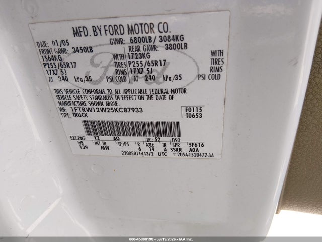 Продажа на аукционе авто 2005 Ford F-150 Xlt, vin: 1FTRW12W25KC87933, номер лота: 45900198