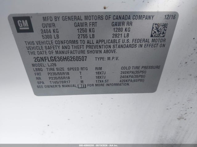 2017 Chevrolet Equinox Premier მანქანა იყიდება აუქციონზე, vin: 2GNFLGE36H6260507, აუქციონის ნომერი: 45900208