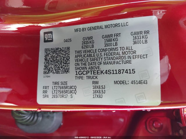 Aukcja sprzedaży 2025 Chevrolet Colorado 4wd Trail Boss, vin: 1GCPTEEK4S1187415, numer aukcji: 45900212