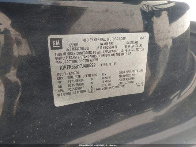 Продажа на аукционе авто 2007 Gmc Yukon Denali Denali, vin: 1GKFK63817J400229, номер лота: 45900217