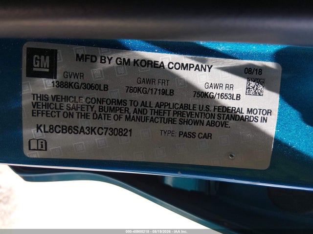 45900218 :رقم المزاد ، KL8CB6SA3KC730821 vin ، 2019 Chevrolet Spark Ls Cvt مزاد بيع