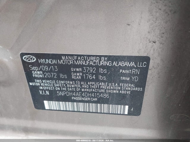 45900219 :رقم المزاد ، 5NPDH4AE4DH415486 vin ، 2013 Hyundai Elantra Gls مزاد بيع
