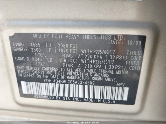 2010 Subaru Outback 2.5i Premium მანქანა იყიდება აუქციონზე, vin: 4S4BRCCC5A3334509, აუქციონის ნომერი: 45900223