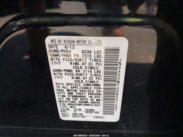Aukcja sprzedaży 2013 Nissan Rogue Sv, vin: JN8AS5MT0DW531447, numer aukcji: 45900230
