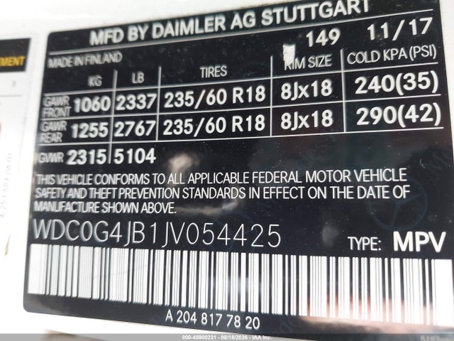 45900231 :رقم المزاد ، WDC0G4JB1JV054425 vin ، 2018 Mercedes-benz Glc 300 مزاد بيع