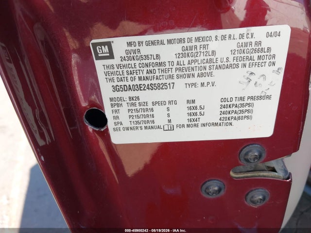 2004 Buick Rendezvous Cx მანქანა იყიდება აუქციონზე, vin: 3G5DA03E24S582517, აუქციონის ნომერი: 45900242