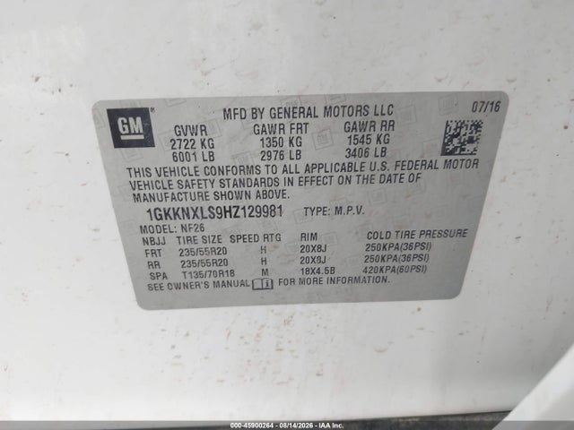 2017 Gmc Acadia Denali მანქანა იყიდება აუქციონზე, vin: 1GKKNXLS9HZ129981, აუქციონის ნომერი: 45900264