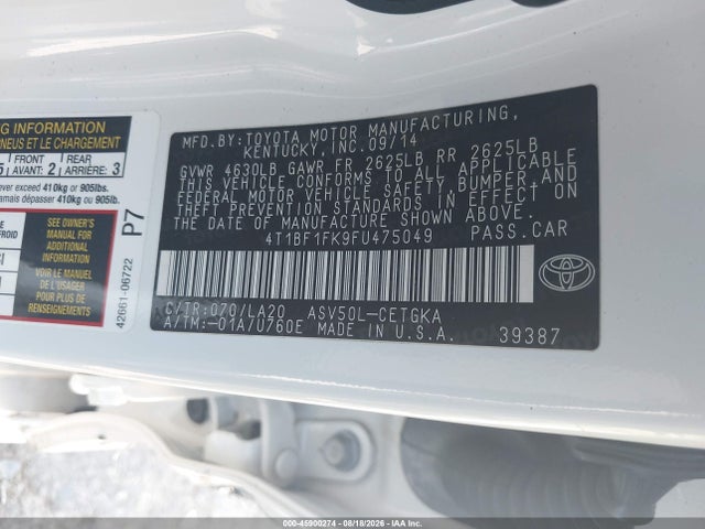 Продажа на аукционе авто 2015 Toyota Camry Xle, vin: 4T1BF1FK9FU475049, номер лота: 45900274