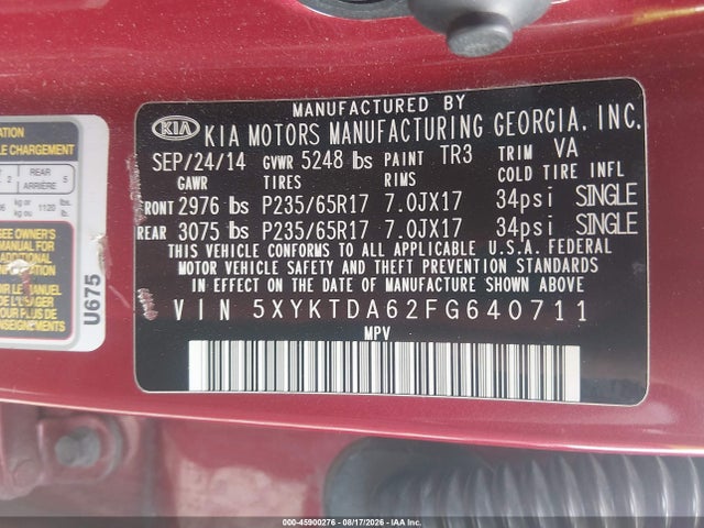Aukcja sprzedaży 2015 Kia Sorento Lx, vin: 5XYKTDA62FG640711, numer aukcji: 45900276