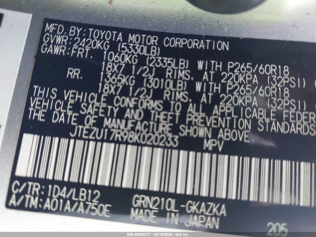 2008 Toyota 4runner Limited V6 მანქანა იყიდება აუქციონზე, vin: JTEZU17R98K020233, აუქციონის ნომერი: 45900277