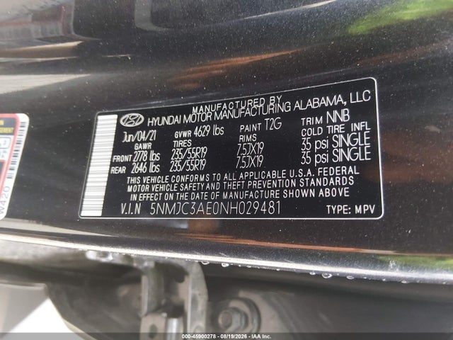 2022 Hyundai Tucson Sel მანქანა იყიდება აუქციონზე, vin: 5NMJC3AE0NH029481, აუქციონის ნომერი: 45900278