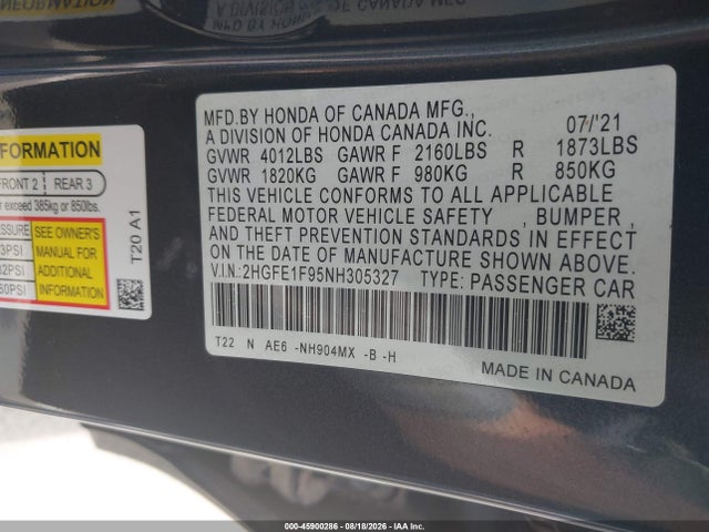 2022 Honda Civic Touring მანქანა იყიდება აუქციონზე, vin: 2HGFE1F95NH305327, აუქციონის ნომერი: 45900286