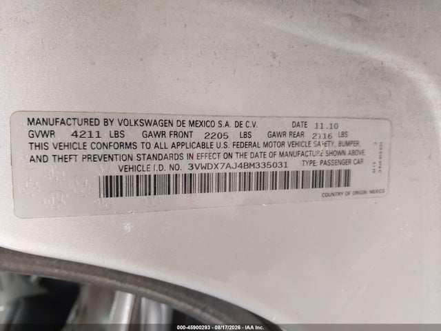 Продаж на аукціоні авто 2011 Volkswagen Jetta 2.5l Se, vin: 3VWDX7AJ4BM335031, номер лоту: 45900293