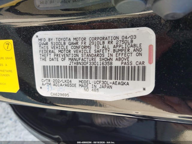 45900298 :رقم المزاد ، JTHBN30F330116358 vin ، 2003 Lexus Ls 430 مزاد بيع