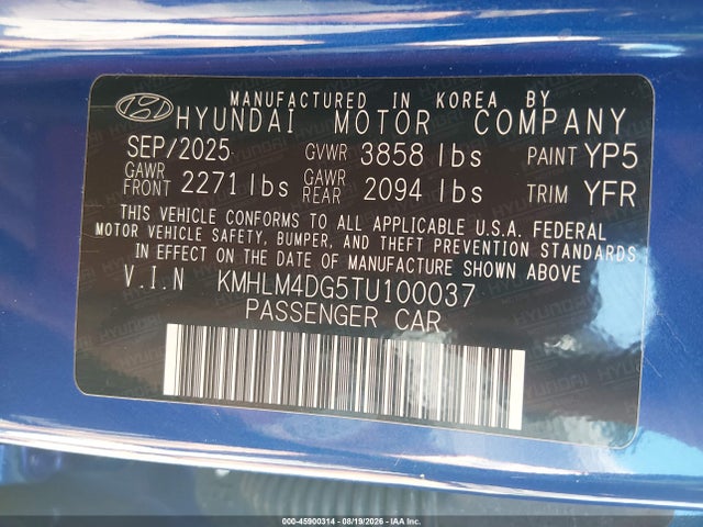 Продажа на аукционе авто 2026 Hyundai Elantra Sel Sport, vin: KMHLM4DG5TU100037, номер лота: 45900314