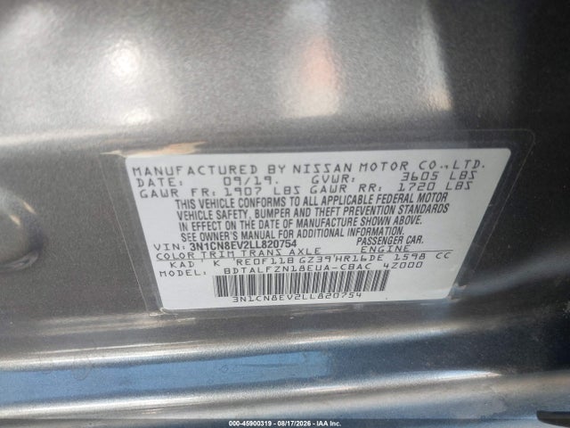 3N1CN8EV2LL820754 Nissan Versa Sv Xtronic Cvt