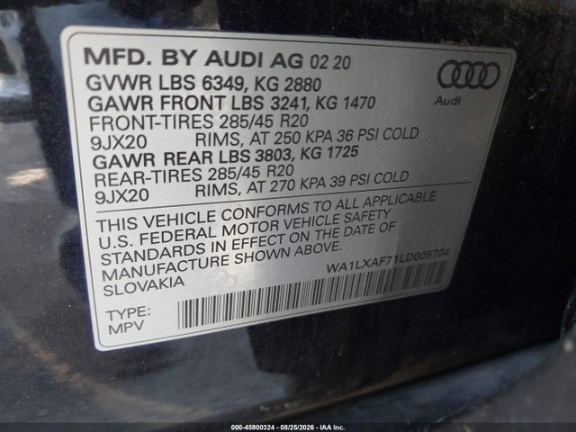 2020 Audi Q7 Premium Plus 55 Tfsi Quattro Tiptronic მანქანა იყიდება აუქციონზე, vin: WA1LXAF71LD005704, აუქციონის ნომერი: 45900324