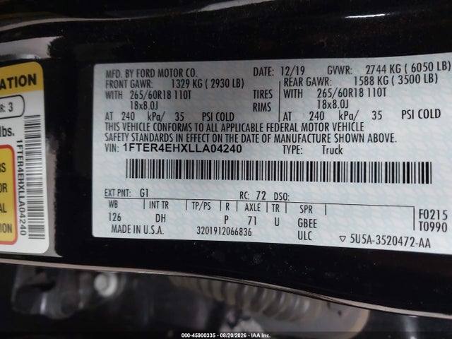 45900335 :رقم المزاد ، 1FTER4EHXLLA04240 vin ، 2020 Ford Ranger Lariat مزاد بيع