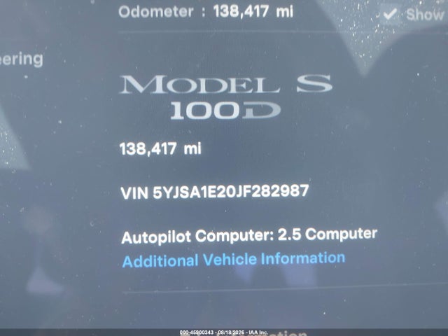 Продаж на аукціоні авто 2018 Tesla Model S 100d/75d/p100d, vin: 5YJSA1E20JF282987, номер лоту: 45900343