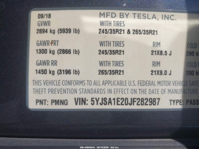 Продаж на аукціоні авто 2018 Tesla Model S 100d/75d/p100d, vin: 5YJSA1E20JF282987, номер лоту: 45900343