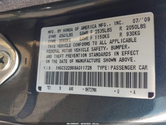 45900351 :رقم المزاد ، 1HGCS22869A011728 vin ، 2009 Honda Accord 3.5 Ex-l مزاد بيع
