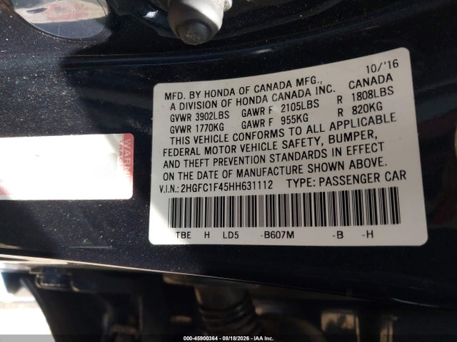 Aukcja sprzedaży 2017 Honda Civic Ex-t, vin: 2HGFC1F45HH631112, numer aukcji: 45900364