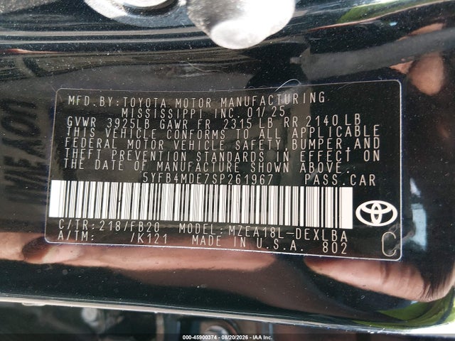 Aukcja sprzedaży 2025 Toyota Corolla Le, vin: 5YFB4MDE7SP261967, numer aukcji: 45900374