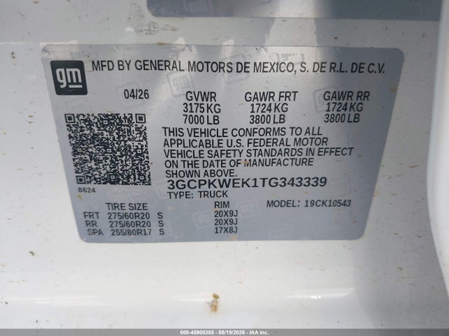 Продаж на аукціоні авто 2026 Chevrolet Silverado 1500 4wd  Short Bed Rst, vin: 3GCPKWEK1TG343339, номер лоту: 45900385