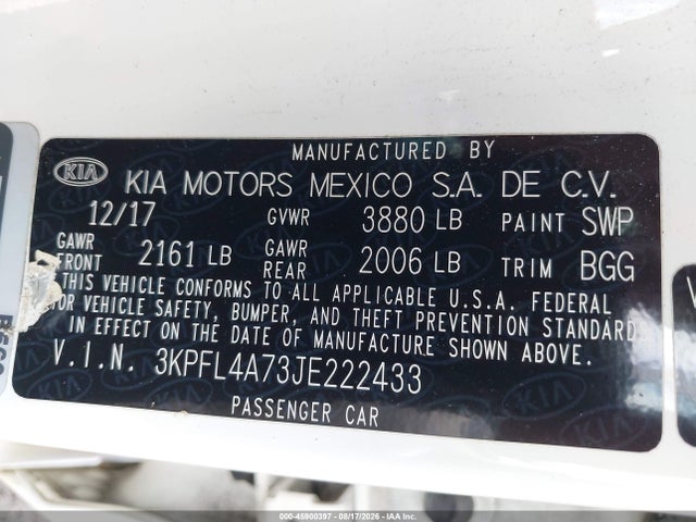 45900397 :رقم المزاد ، 3KPFL4A73JE222433 vin ، 2018 Kia Forte Lx مزاد بيع