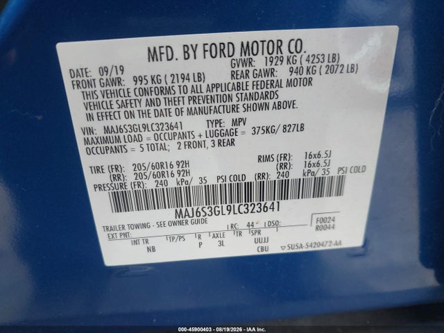 Продаж на аукціоні авто 2020 Ford Ecosport Se, vin: MAJ6S3GL9LC323641, номер лоту: 45900403
