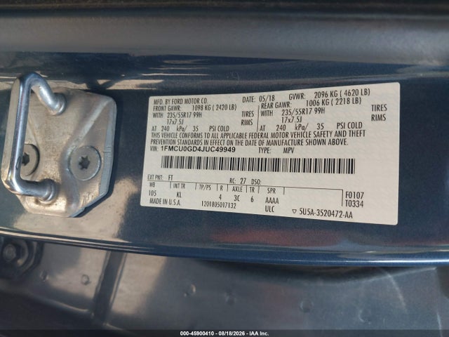 Продажа на аукционе авто 2018 Ford Escape Se, vin: 1FMCU0GD4JUC49949, номер лота: 45900410
