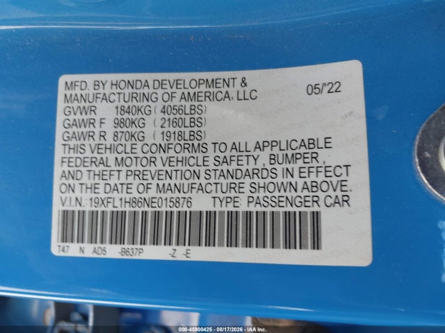 19XFL1H86NE015876 Honda Civic Sport Touring
