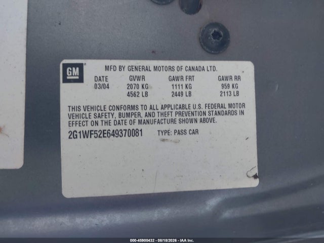 45900432 :رقم المزاد ، 2G1WF52E649370081 vin ، 2004 Chevrolet Impala مزاد بيع