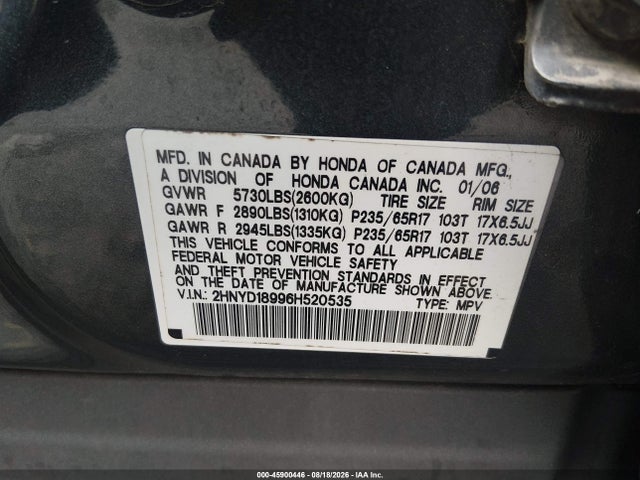 45900446 :رقم المزاد ، 2HNYD18996H520535 vin ، 2006 Acura Mdx مزاد بيع