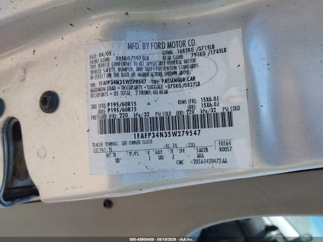 Продажа на аукционе авто 2005 Ford Focus Zx4, vin: 1FAFP34N35W279547, номер лота: 45900459