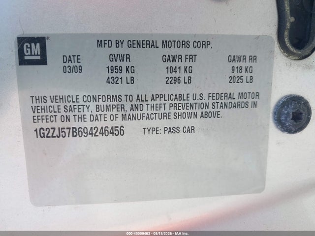 Aukcja sprzedaży 2009 Pontiac G6 New Se, vin: 1G2ZJ57B694246456, numer aukcji: 45900463