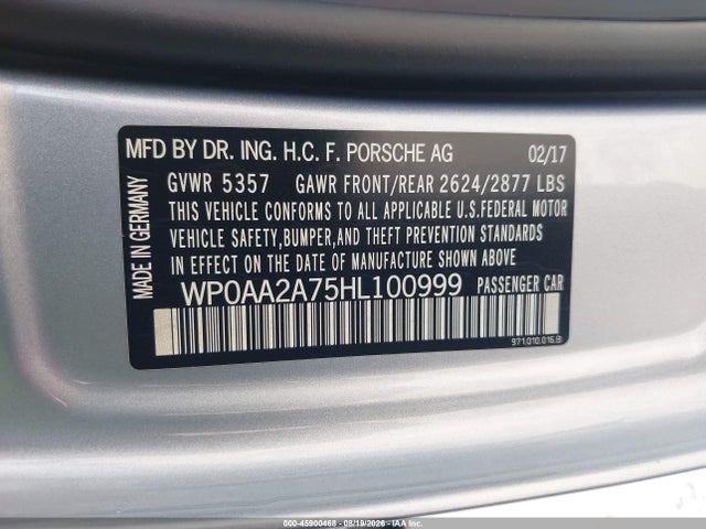 Продаж на аукціоні авто 2017 Porsche Panamera 4, vin: WP0AA2A75HL100999, номер лоту: 45900468