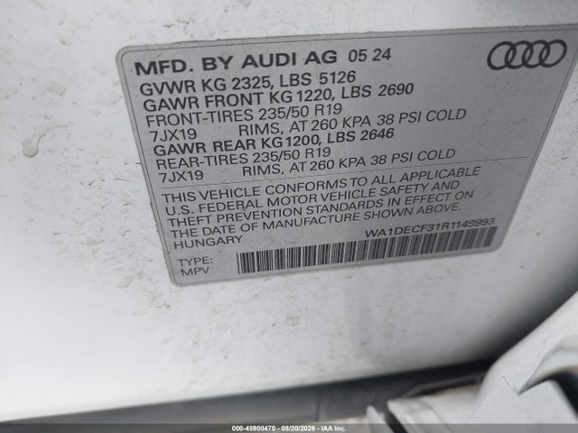 Aukcja sprzedaży 2024 Audi Q3 Premium 45 Tfsi S Line Quattro Tiptronic, vin: WA1DECF31R1149993, numer aukcji: 45900470