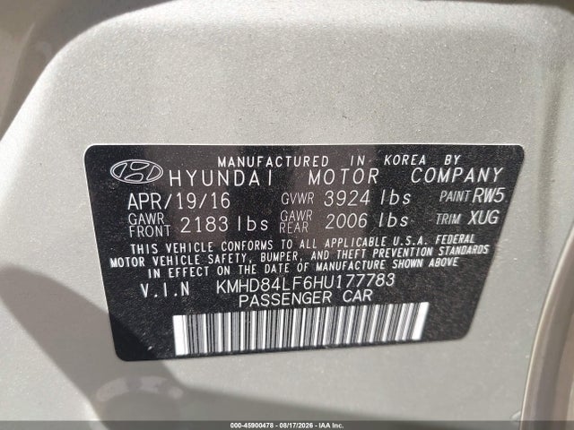 45900478 :رقم المزاد ، KMHD84LF6HU177783 vin ، 2017 Hyundai Elantra Se مزاد بيع