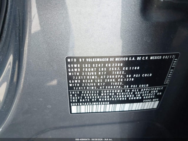 2018 Volkswagen Tiguan 2.0t S მანქანა იყიდება აუქციონზე, vin: 3VV1B7AX3JM032038, აუქციონის ნომერი: 45900479