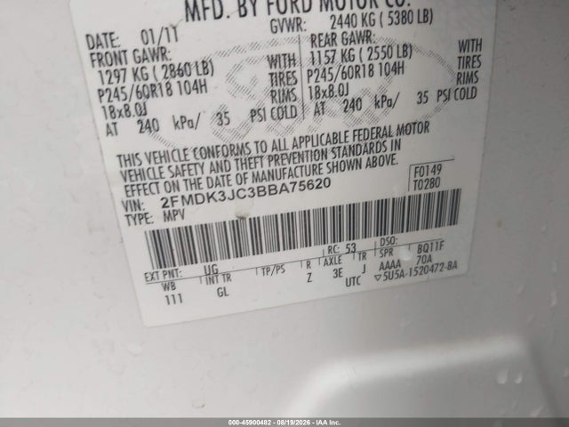 45900482 :رقم المزاد ، 2FMDK3JC3BBA75620 vin ، 2011 Ford Edge Sel مزاد بيع