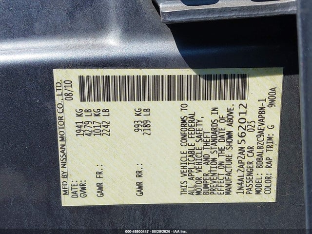 2010 Nissan Altima 2.5 S მანქანა იყიდება აუქციონზე, vin: 1N4AL2AP2AN562012, აუქციონის ნომერი: 45900487