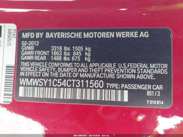 Продажа на аукционе авто 2012 Mini Cooper, vin: WMWSY1C54CT311560, номер лота: 45900497