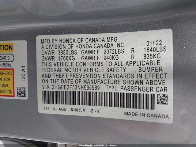 2022 Honda Civic Sport მანქანა იყიდება აუქციონზე, vin: 2HGFE2F53NH565969, აუქციონის ნომერი: 45900521