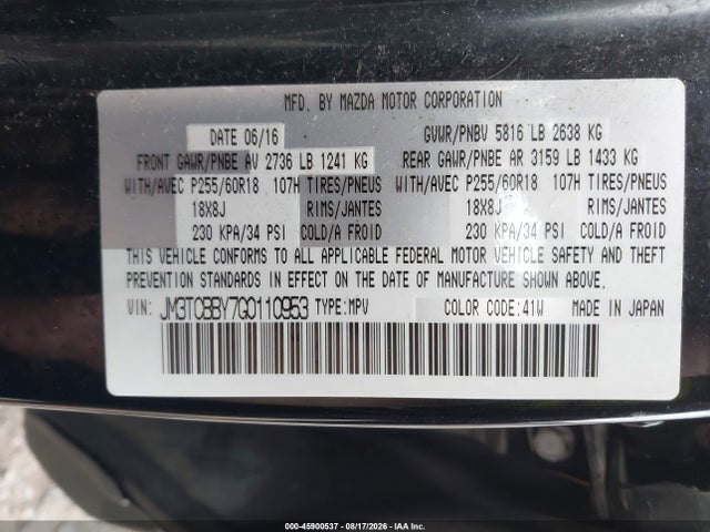 Aukcja sprzedaży 2016 Mazda Cx-9 Sport, vin: JM3TCBBY7G0110953, numer aukcji: 45900537