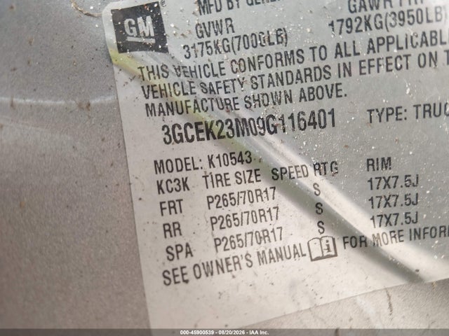 45900539 :رقم المزاد ، 3GCEK23M09G116401 vin ، 2009 Chevrolet Silverado 1500 Lt مزاد بيع