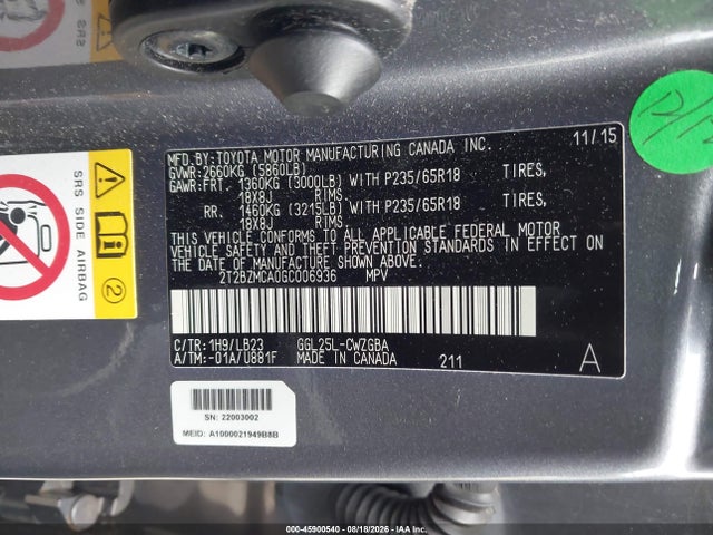 Aukcja sprzedaży 2016 Lexus Rx 350, vin: 2T2BZMCA0GC006936, numer aukcji: 45900540