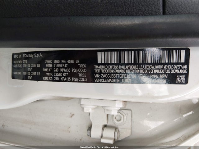 Продаж на аукціоні авто 2016 Jeep Renegade Latitude, vin: ZACCJBBT7GPE18704, номер лоту: 45900545