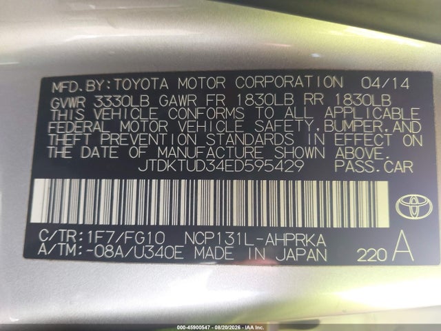 JTDKTUD34ED595429 Toyota Yaris L (tmc/cbu Plant)/le (tmc/cbu Plant)/se (tmc/cbu Plant)